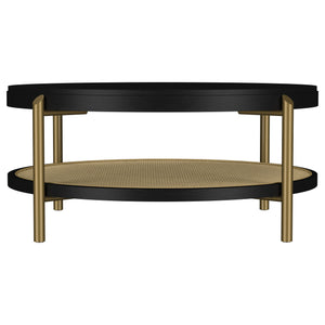 English Elm Benson Round Coffee Table with Rattan Shelf Brass Legs and Bold Matte Finish Black B062P440113