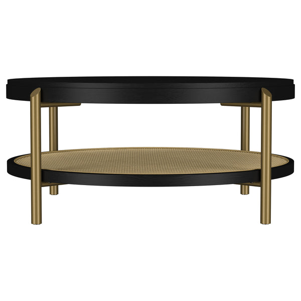 English Elm Benson Round Coffee Table with Rattan Shelf Brass Legs and Bold Matte Finish Black B062P440113
