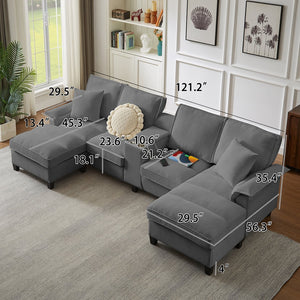 English Elm 120" Modular Corduroy Sectional Sofa Bed with Storage, U-Shaped 4-Seater, Cup Holders & Console Gray W1359S00012