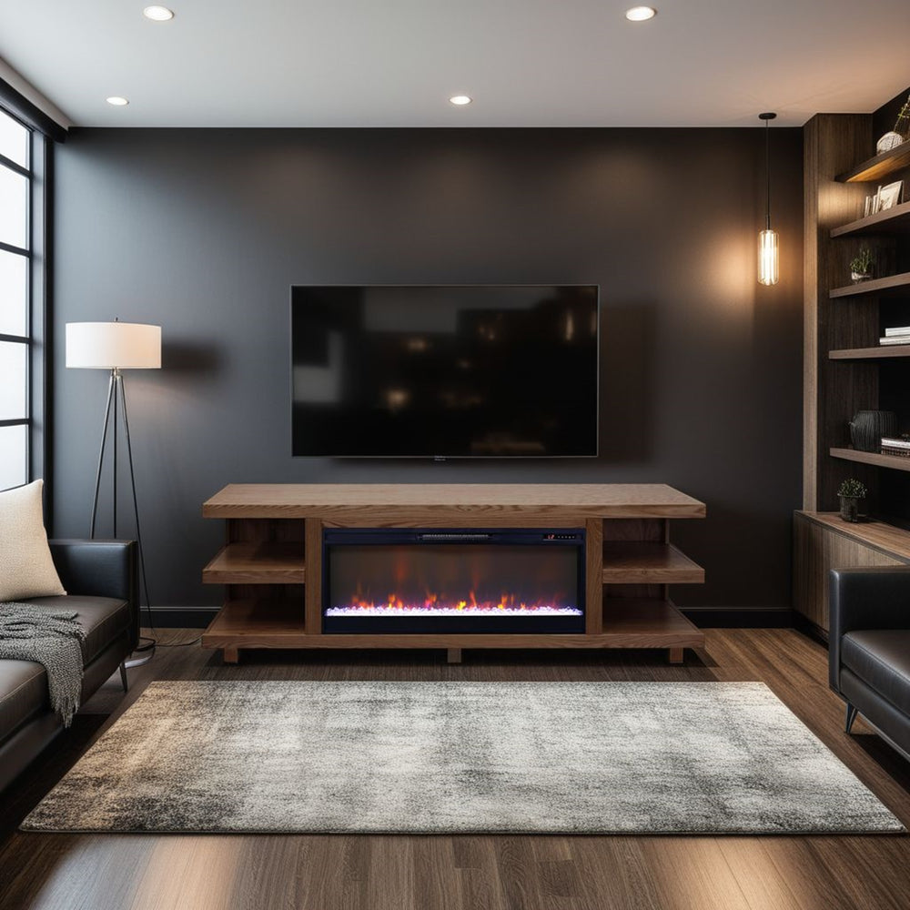 English Elm Laurel Canyon 82" Fireplace TV Stand for TVs up to 90" with 42" Electric Insert, Oak Bourbon Finish, Cable Management B108P292280