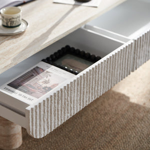 English Elm Coffee Table Mid Century Modern Oval with Faux Marble Top, Fluted Hidden Drawer, Small Space Friendly W3040P382310