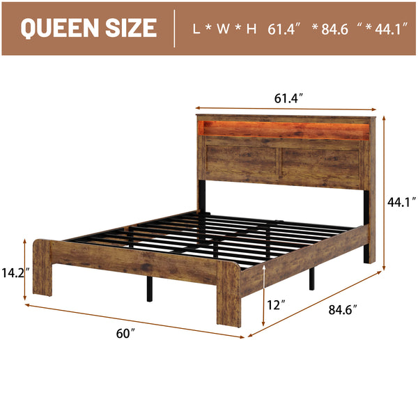English Elm Bed Frame Queen Size - Modern Wood Platform Bed With Led Headboard, Usb Ports, And Storage Space W636P233483