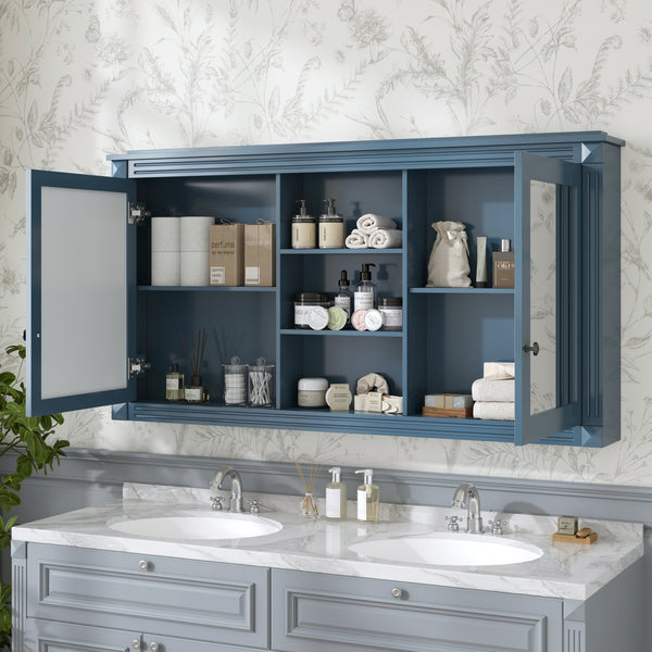 English Elm 55 Inch Wall Mount Medicine Cabinet Dual Mirrored Doors Soft Close Bathroom Vanity Storage Blue N710P401342C