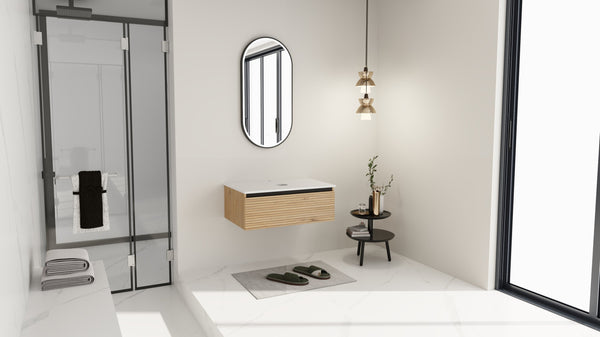English Elm 30'' Floating Wall Mounted Bathroom Vanity Plywood Build with Soft Close Drawer W999P285410