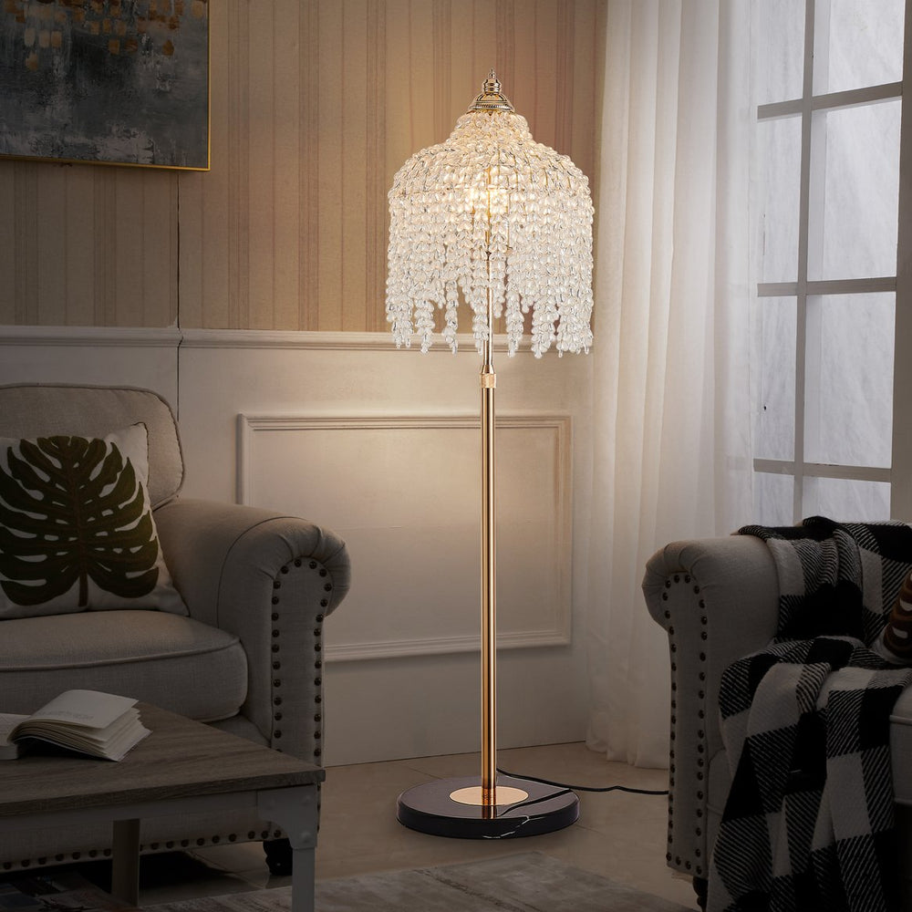 English Elm 3-Light Vintage Crystal Floor Lamp – Elegant Waterfall Design With Grape Beads & Marble Base For Home W2312P368722