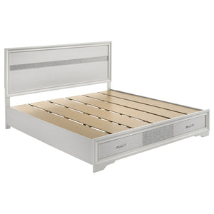 English Elm May Contemporary Eastern King Storage Bed with Shimmery Foil Headboard & Rhinestone Pulls, White B062S01085