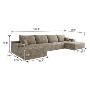 English Elm 135" Cloud Sectional Sofa With Ottoman - Modern Minimalist U-Shaped Design In Plush Camel Corduroy W2824S00058