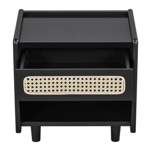 English Elm Black Rattan Panel Nightstand with Open Shelf Drawer Mdf Modern Bedroom Storage N770P374577B