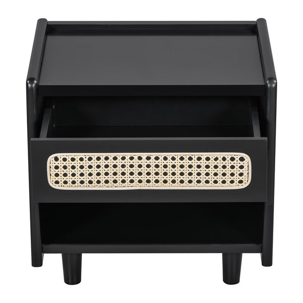 English Elm Black Rattan Panel Nightstand with Open Shelf Drawer Mdf Modern Bedroom Storage N770P374577B