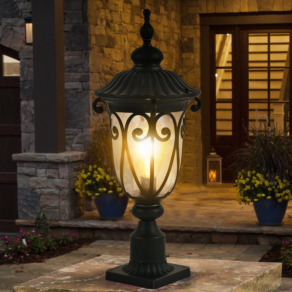 English Elm 24"(H) Vintage Black Outdoor Post Lantern with Bubble Glass, Rust-Resistant Aluminum, E26 Compatible Lighting Elegance for Pathway Patio Garden (Bulb Not Included) W1340P239409
