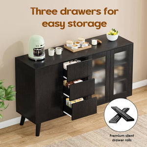 English Elm Farmhouse Buffet Cabinet with Pop-Up Doors and 3 Drawers — Rustic 55.5" Sideboard for Dining Room Black T3623P408215