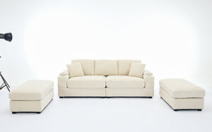 English Elm Corduroy Upholstered Chaise Lounge Sofa with Movable Ottoman, Cup Holder, Deep Seat Comfort Beige W2120S00008
