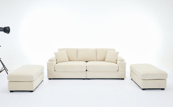 English Elm Corduroy Upholstered Chaise Lounge Sofa with Movable Ottoman, Cup Holder, Deep Seat Comfort Beige W2120S00008
