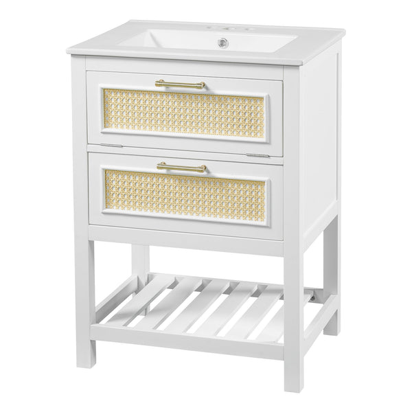 English Elm 24" Rattan Front Bathroom Vanity with Ceramic Sink Deep Drawer Storage Mdf Cabinet White N710P293990K