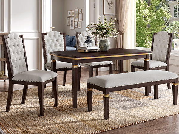 English Elm 6-Piece Kitchen Dining Set with 60" Rectangular Table, Tufted High-Back Chairs & Bench, Durable Wood Espresso N752S001080P