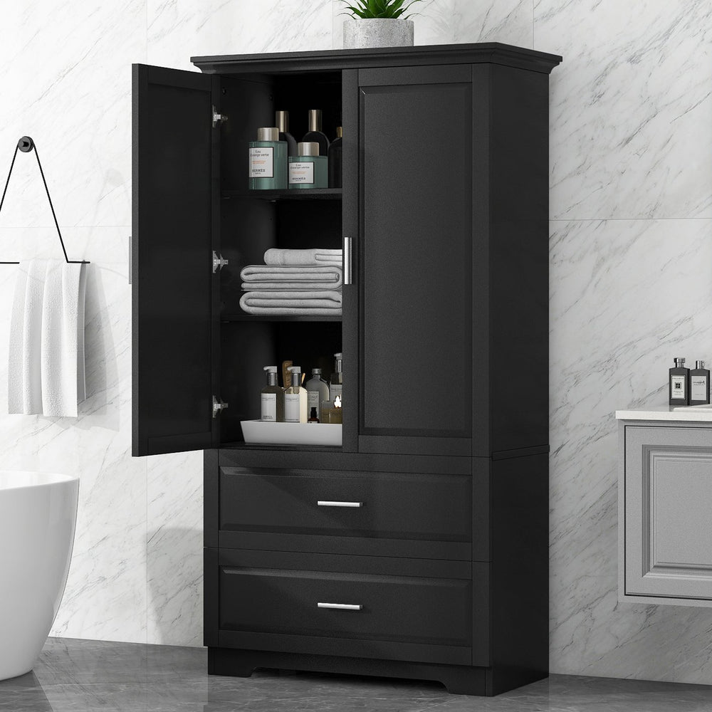 English Elm Tall Bathroom Storage Cabinet – Slim Black MDF Organizer with 2 Doors, 2 Drawers, Adjustable Shelves, Anti-Tip Device N725P172882B