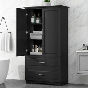 English Elm Tall Bathroom Storage Cabinet – Slim Black MDF Organizer with 2 Doors, 2 Drawers, Adjustable Shelves, Anti-Tip Device N725P172882B