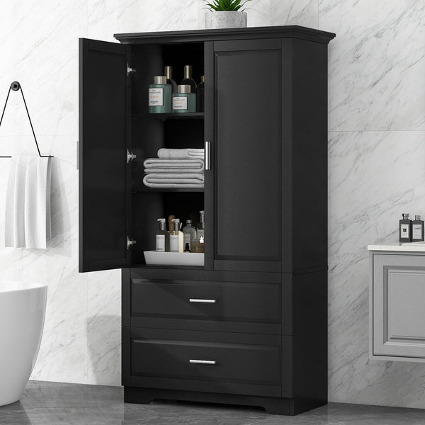 English Elm Tall Bathroom Storage Cabinet – Slim Black MDF Organizer with 2 Doors, 2 Drawers, Adjustable Shelves, Anti-Tip Device N725P172882B