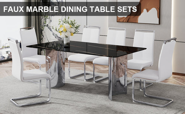 English Elm Table Set With Glass Top & 6 Stylish White Pu Chairs - Modern Dining Elegance For Family Gatherings W1151S02599-GIGA