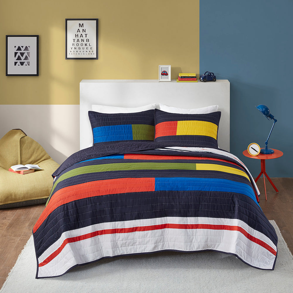 JLA Home Urban Habitat Kids - Stripe Colorblock Quilt Set for Kids — Soft 100% Cotton, Prewashed, OEKO‑TEX & Antimicrobial Finish 88 L x 68 W x 1H UHK13-0222