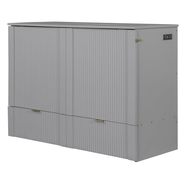 English Elm Full Size Wall Murphy Bed Cabinet with Usb Ports Drawer and Pulley Lift Gray Finish LP100770AAE
