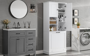 English Elm Tall Storage Cabinet with Flip-Out Basket, Adjustable Shelves & Aluminum Handles for Organized Living White N725P322739K