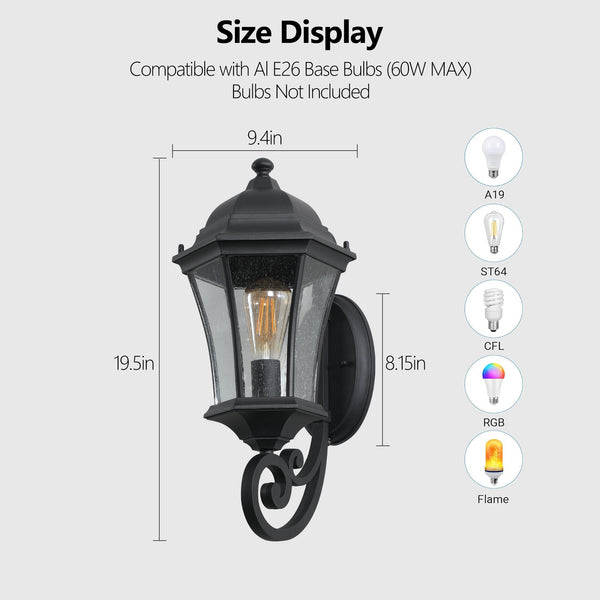 English Elm 2-Pack Vintage Outdoor Lanterns Black Wall Sconces with Bubble Glass, Weatherproof Aluminum, E26 Compatible W1340P143700