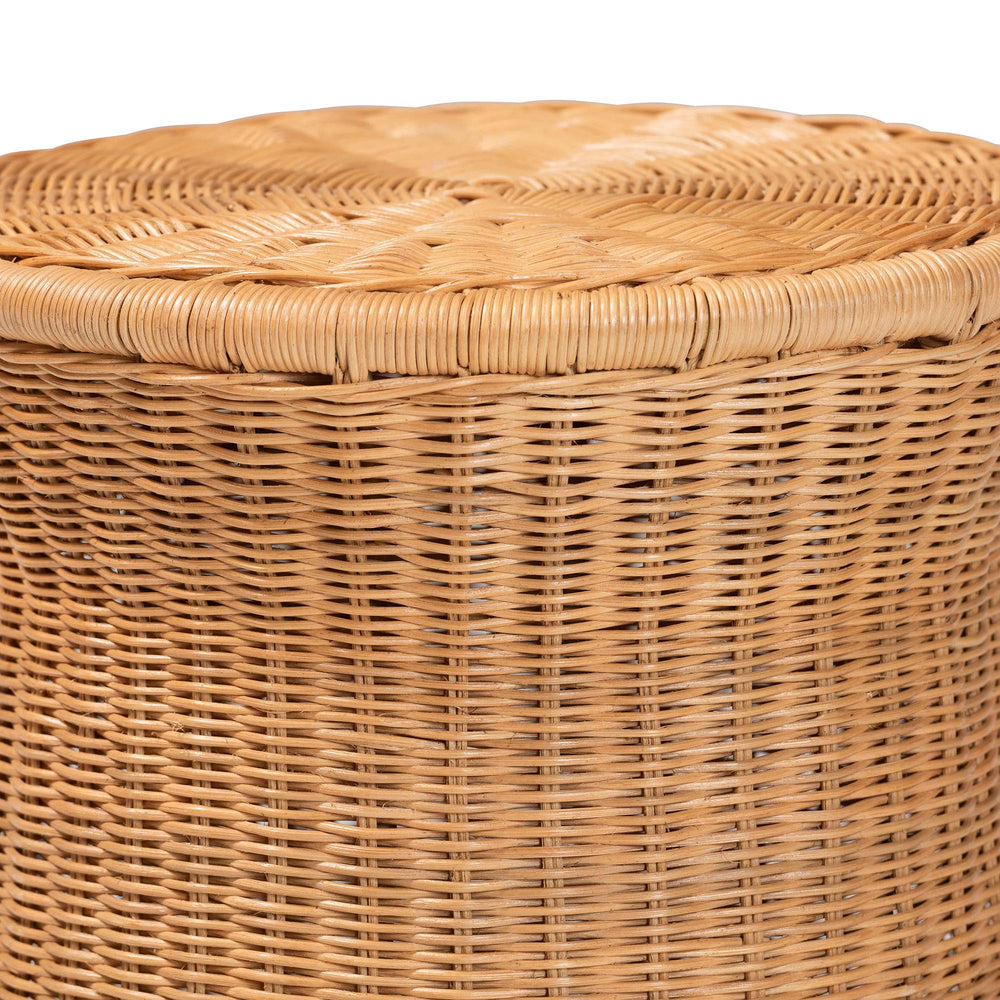 English Elm Round Handwoven Rattan Drum Side Table Organic Wicker Accent for Living or Sunroom B2750P467846