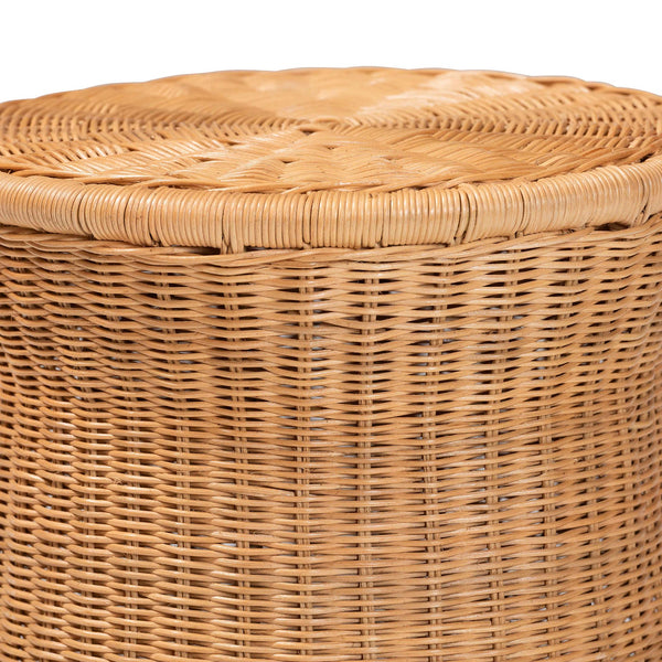 English Elm Round Handwoven Rattan Drum Side Table Organic Wicker Accent for Living or Sunroom B2750P467846