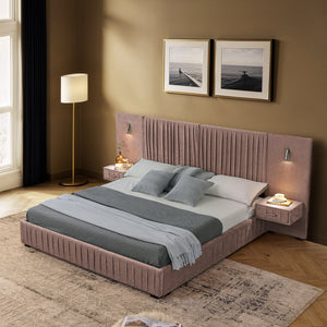 English Elm Queen Upholstered Bed Frame With Chenille Fabric, Pleated Headboard & Built-In Nightstand - Pink W487S00399-GIGA