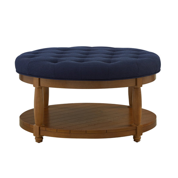 English Elm Large Round Tufted Ottoman Coffee Table with Wood Shelf for Living Room Lounge Navy Blue W2186P212195