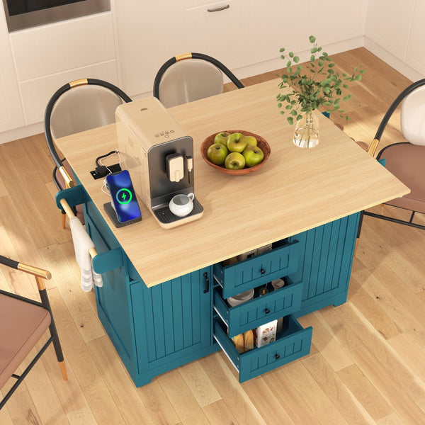 English Elm K&k Rolling Kitchen Island with Drop Leaves Power Outlet Drawers and Spice Rack Green N707S186617E