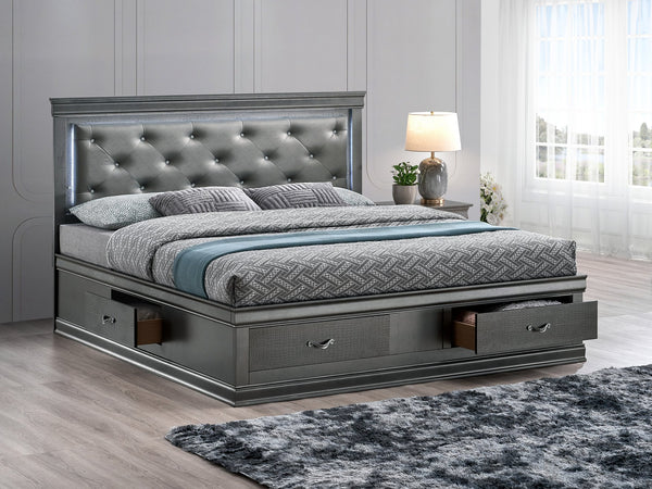 English Elm Lorana King Platform Bed with Led Lighting Tufted Faux Leather Glam Storage Frame Gray B078S00693