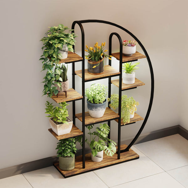 English Elm 62.2 Inch Nine Tier Moon Shaped Metal Plant Stand with Integrated Led Grow Light W3101P443485