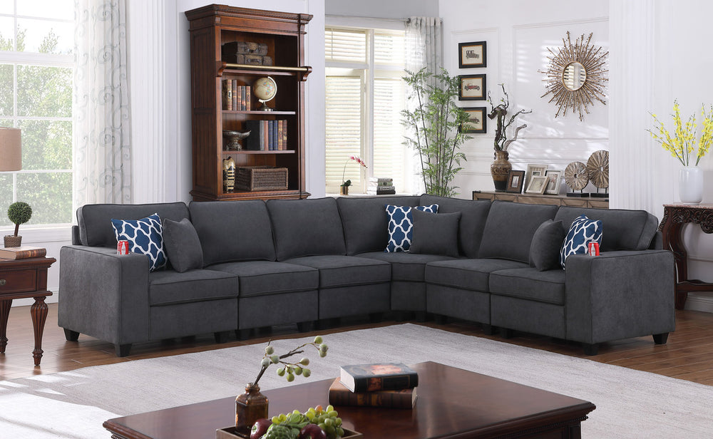 English Elm Cristiano Six Piece Modular Sectional Woven Fabric Sofa with Reversible Chaise Cupholders B2749S00114