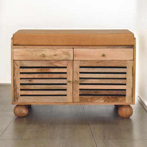 English Elm Shutter Windsor Oak-ish Shoe Rack with Leather Seat, 2 Drawers, Slatted Cabinet & Brass Knobs B182P291642