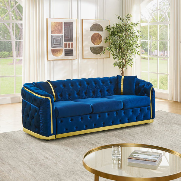 English Elm 84.6 Inch Chesterfield Velvet Tufted Sofa with Gold Steel Trim for Glam Living Rooms Navy Blue W1191S00096