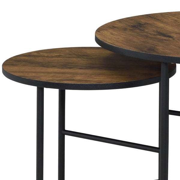 English Elm Oblis Vintage Oak Nesting Tables Set - 2Pc Wooden Round Tops, Metal Tripod Legs & Caster Wheels, Durable B2726P408070