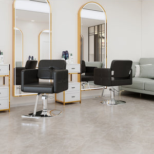 English Elm Fashionable Hydraulic Salon Chair Black Pu Leather Swivel Seat for Styling Studios W1151P361700