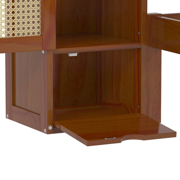 English Elm Twin Multifunctional Bed with Rattan Headboard Storage, Drawer & Shelves — Space-Saving Pine Design Walnut 50.4 L x 19.8 W x 5.5 H N733S241280D