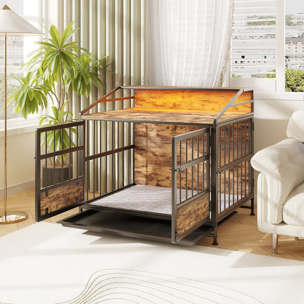 English Elm Multi-function Wooden Dog Crate with Rgb Led Storage Console for Large Breeds W840P291740