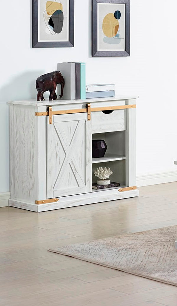 English Elm Rustic Glam Barnwood Coffee Table with Dual-Sided Center Drawer, Open Shelves & Metal Trim Accents Antique White,Gold 39 L x 18 W x 33 H B2741P320886