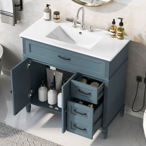 English Elm 36" Modern Bathroom Vanity with Ceramic Sink, Solid Wood + MDF Frame, Sleek Freestanding Design Blue N725P195410C
