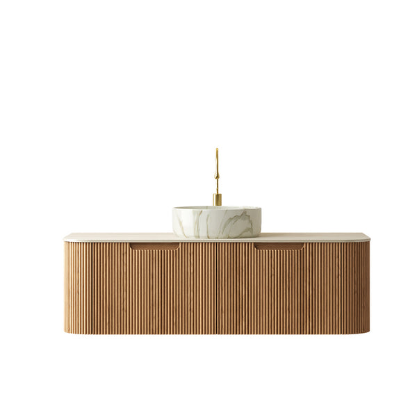 English Elm Dina Floating Bathroom Vanity with Crystal Glass Basin and Sintered Stone Top Beige,Natural Wood,White W2615S00510