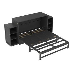 English Elm Queen Murphy Wall Bed with Open Shelves and Drawers for Guest or Office Rooms Dark Gray W5316S00009