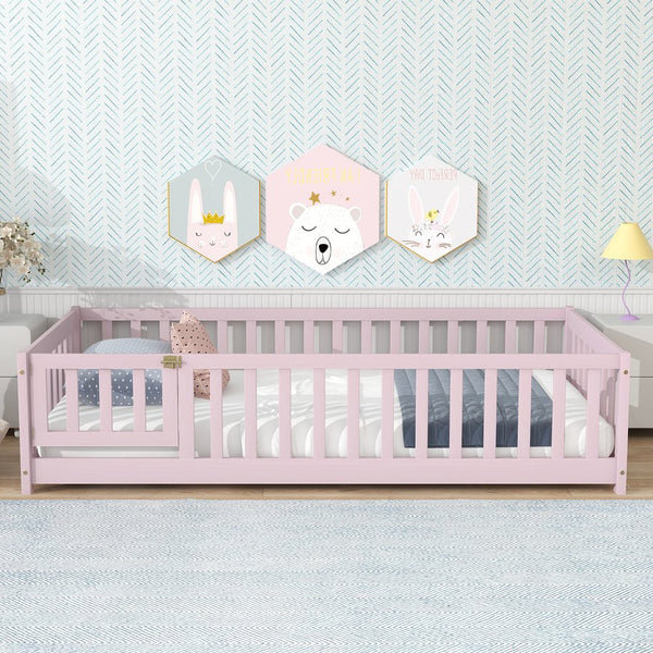 English Elm Twin Solid Rubberwood Floor Bed with Full Perimeter Safety Rails for Toddler Rooms Pink W504P296782