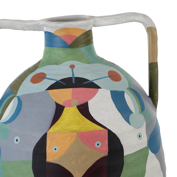 Amphora Vibrant Terracotta Vase with Cubist Motifs - A Colorful Art Piece for Modern Spaces