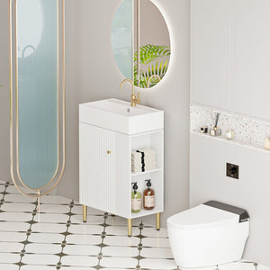 English Elm 21.6" Compact Bathroom Vanity Ceramic Sink Soft Close Cabinet Open Shelf White W1920S00188