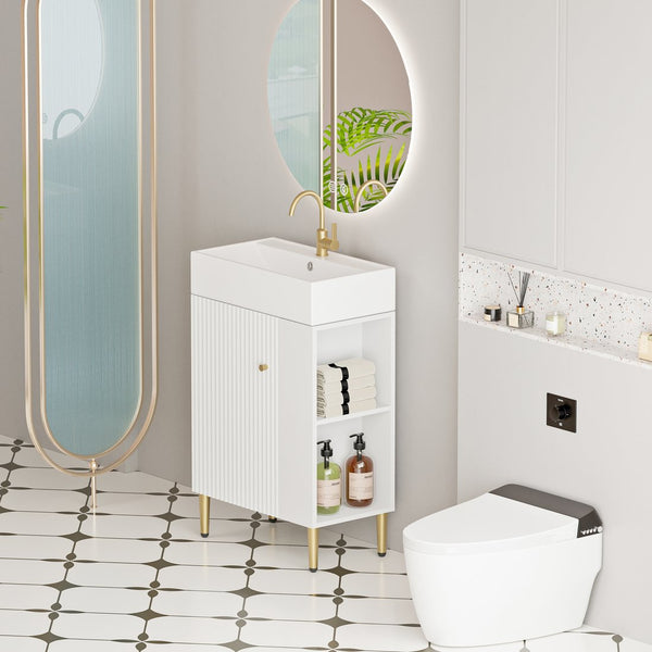 English Elm 21.6" Compact Bathroom Vanity Ceramic Sink Soft Close Cabinet Open Shelf White W1920S00188