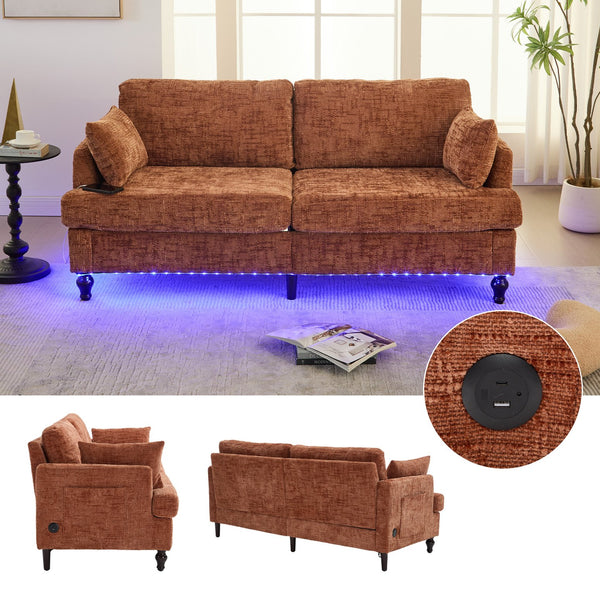 English Elm Modern chenille 2-seater sofa with LED, USB charging, storage pocket, solid wood legs, durable comfort Orange W395P318543
